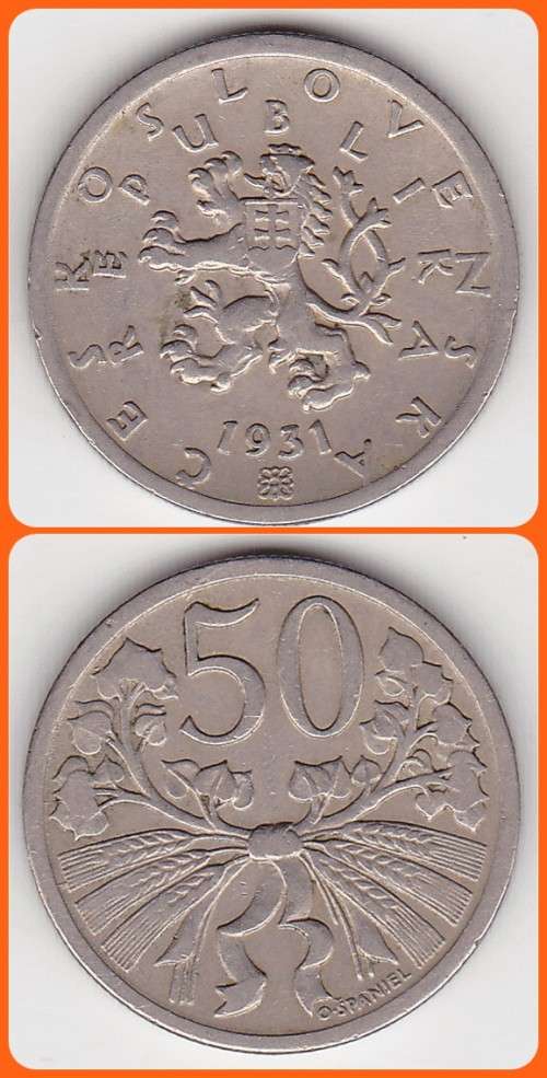 CZECHOSLOVAKIA - 1931 - 50 HALERU - KM# 2 - VF COIN