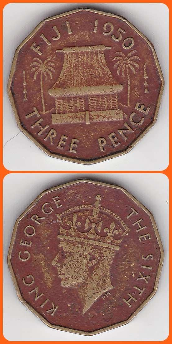 FIJI ISLANDS - 1950 - 3 PENCE - KM# 18 - VG/F COIN