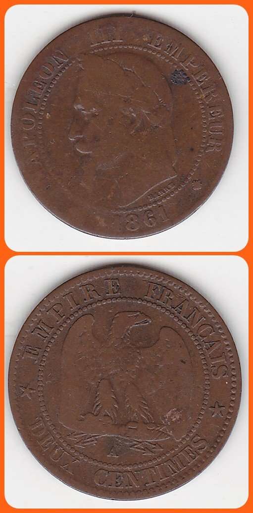FRANCE - 1861A - 2 CENTIMES - KM# 796.1 - VG COIN