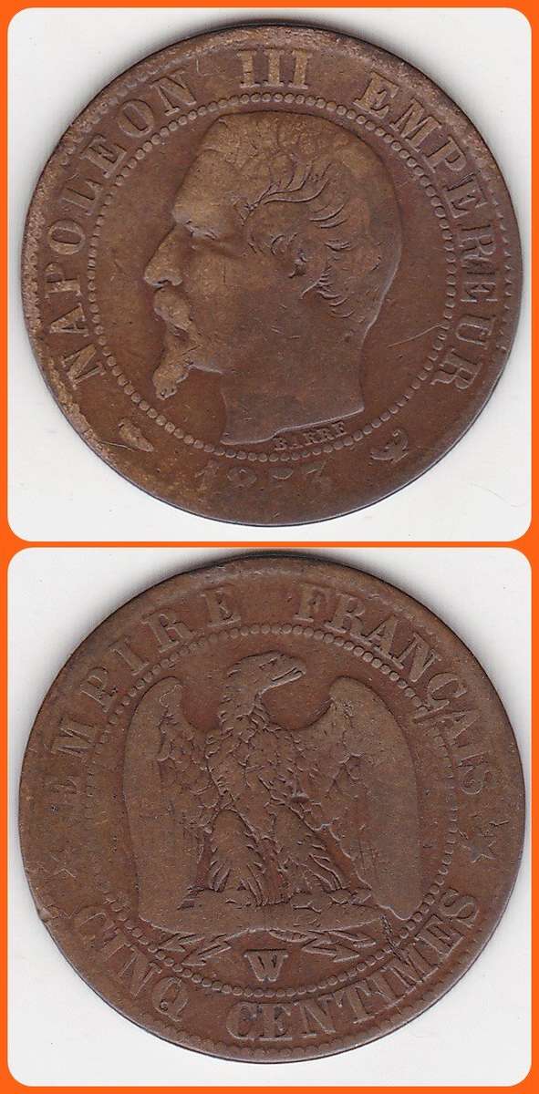 FRANCE - 1853W - 5 CENTIMES - KM# 777.7 - VG COIN