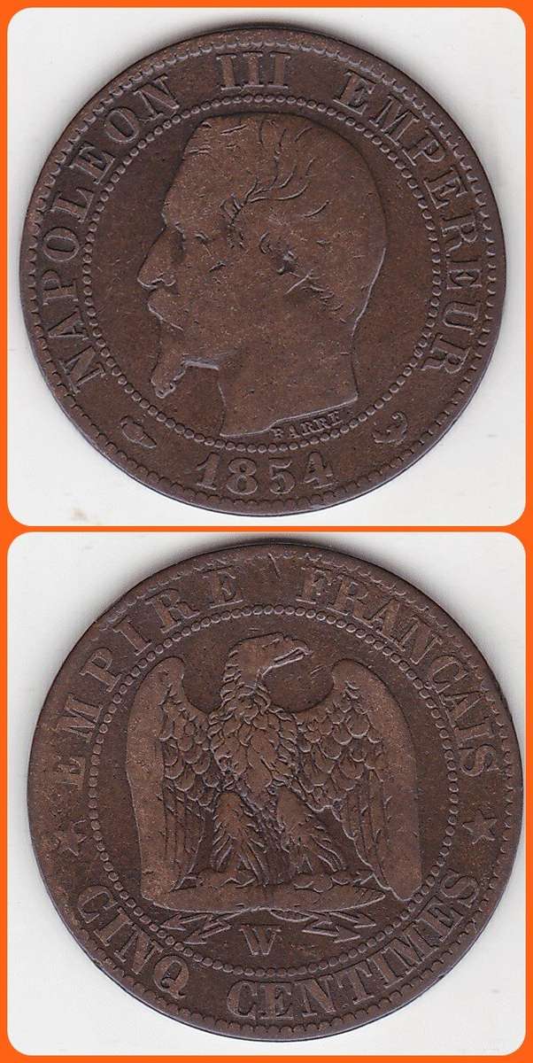 FRANCE - 1854W - 5 CENTIMES - KM# 777.7 - VG COIN