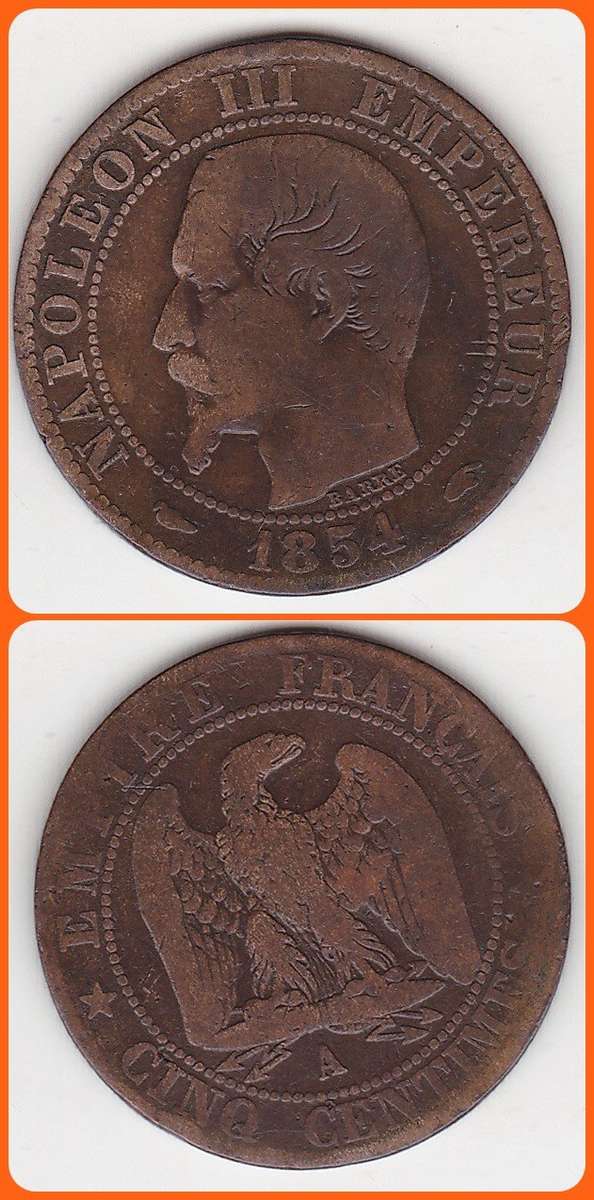 FRANCE - 1854A - 5 CENTIMES - KM# 777.1 - VG COIN