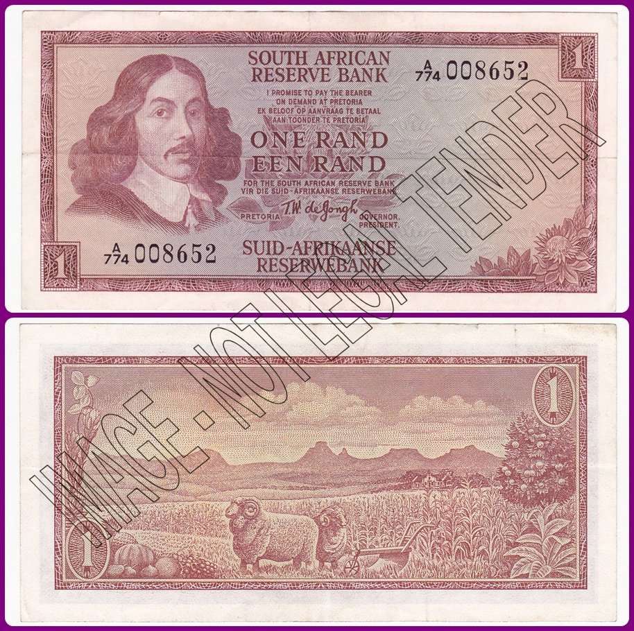 DE JONGH - 1ST ISSUE - 1972 - ONE RAND - VF/XF NOTE - A/774 008652