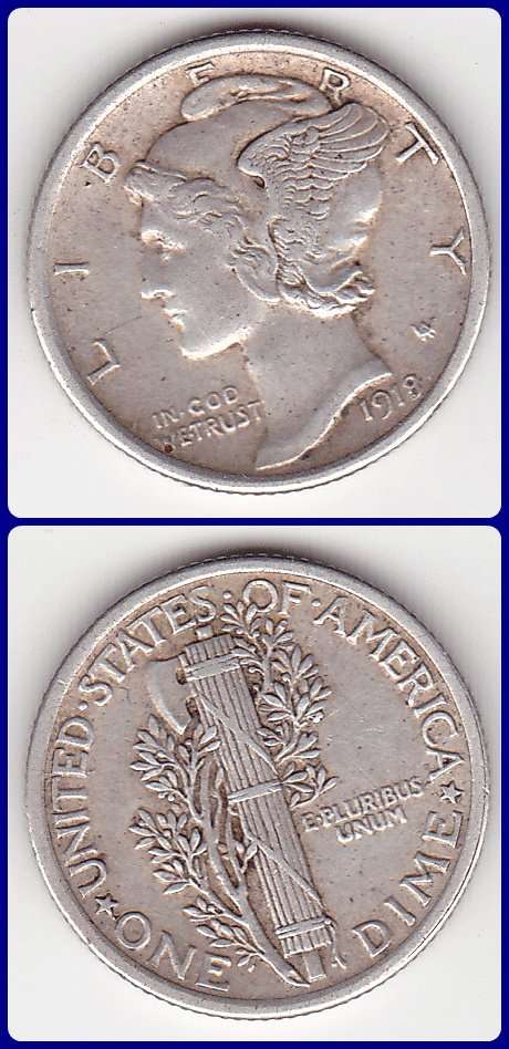 USA - 1918 - MERCURY DIME - 10 CENT - PIC# 140 - F COIN - 2.50g 0.90 SILVER