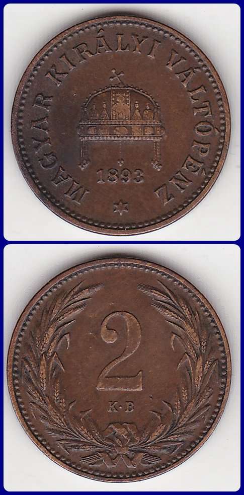 HUNGARY - 1893 KB - 2 FILLER - PIC# 481 - F/VF COIN