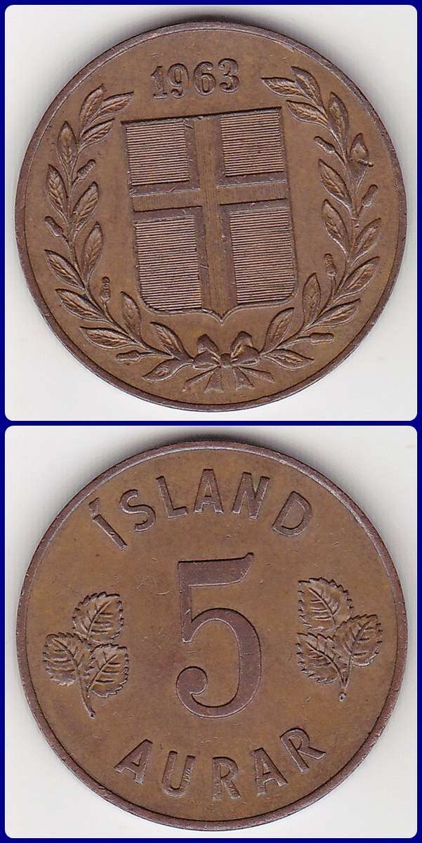 ICELAND - 1963 - 5 AURAR - PIC# 9 - XF COIN