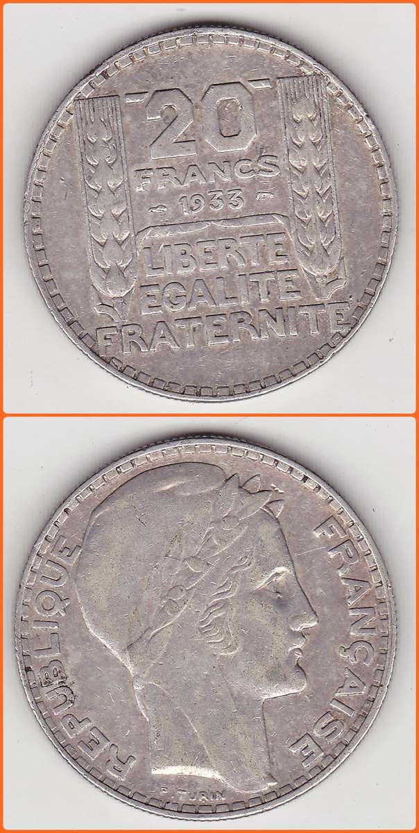 FRANCE - 1933 - 20 FRANCS - 20.0g 0.68 SILVER (13.6g Pure)