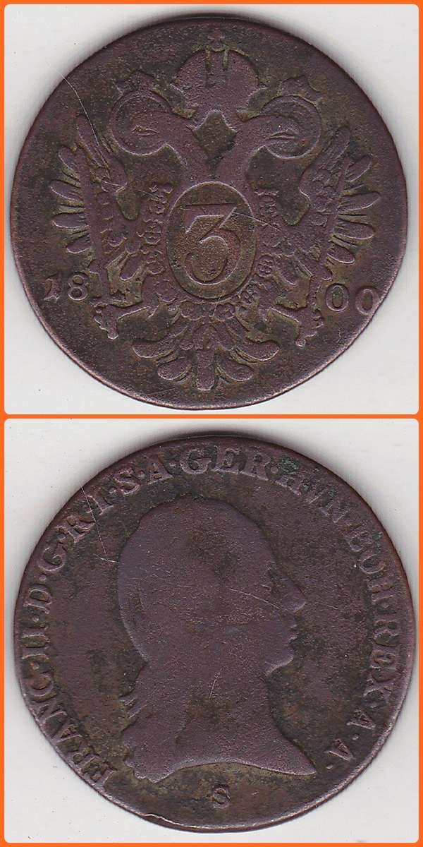 AUSTRIA - 1800S - 3 KREUZER - KM# 2115.3 - G/VG COIN