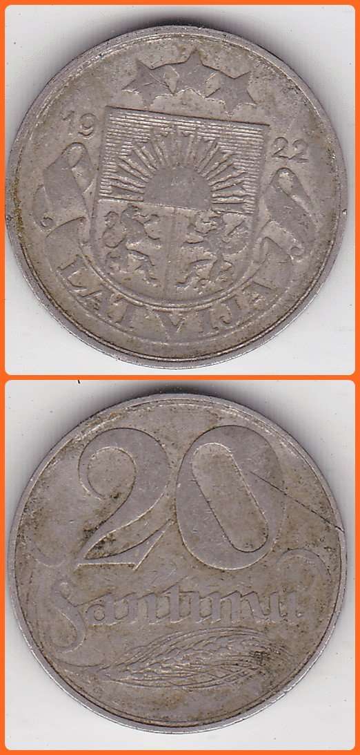 LATVIA - 1922 - 20 SANTIMI - KM# 5 - VG/F COIN