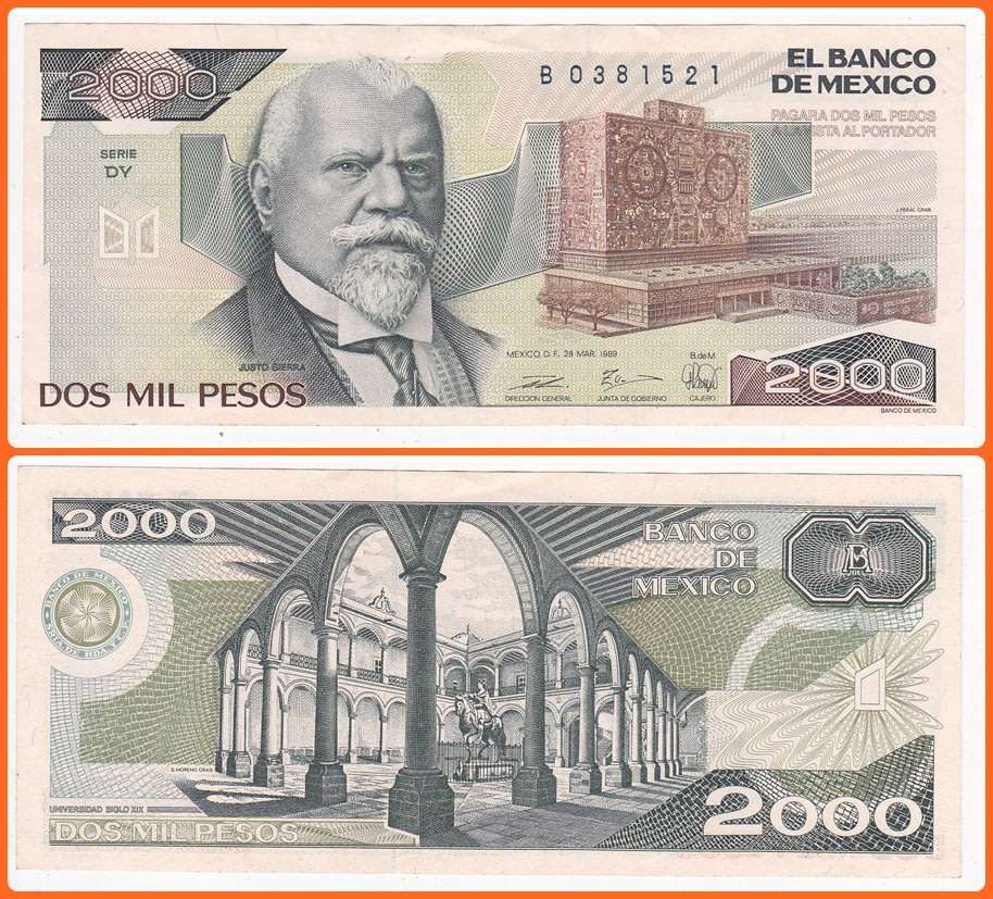MEXICO - 1989 - 2000 PESOS - PIC# 86c - XF/UNC NOTE - SER# B0381521