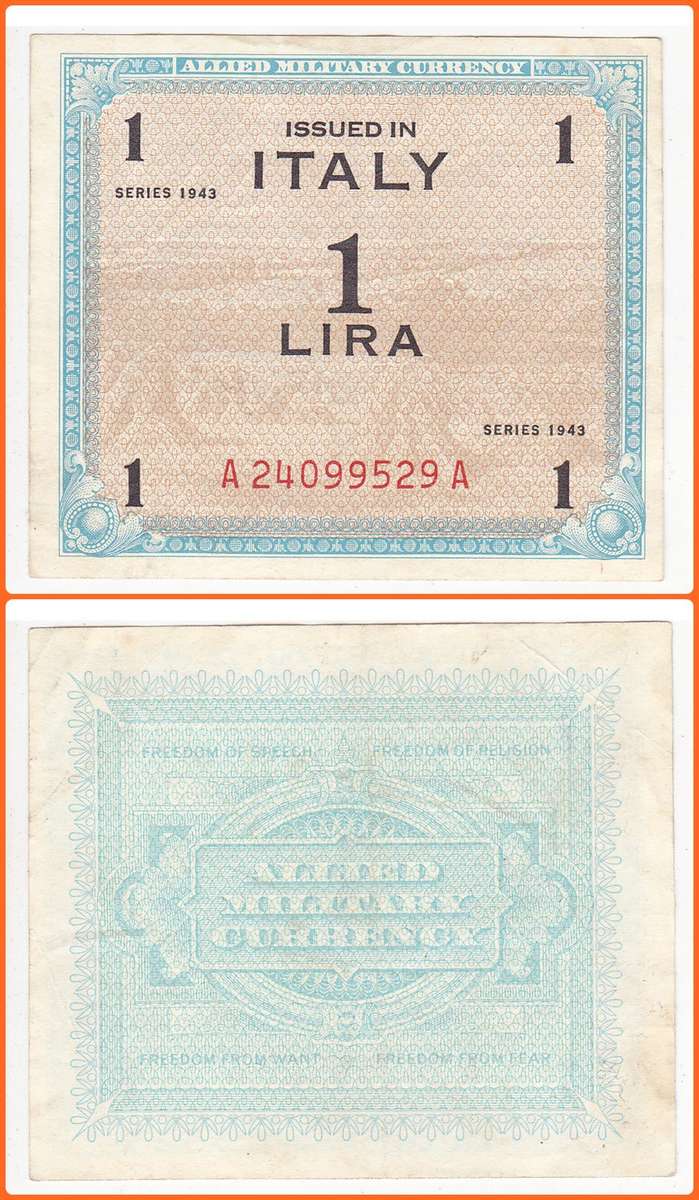 ITALY (ALLIED MILITARY CURRENCY) - 1943 - 1 LIRA - PIC# M10b - XF NOTE - SER# A24099529A