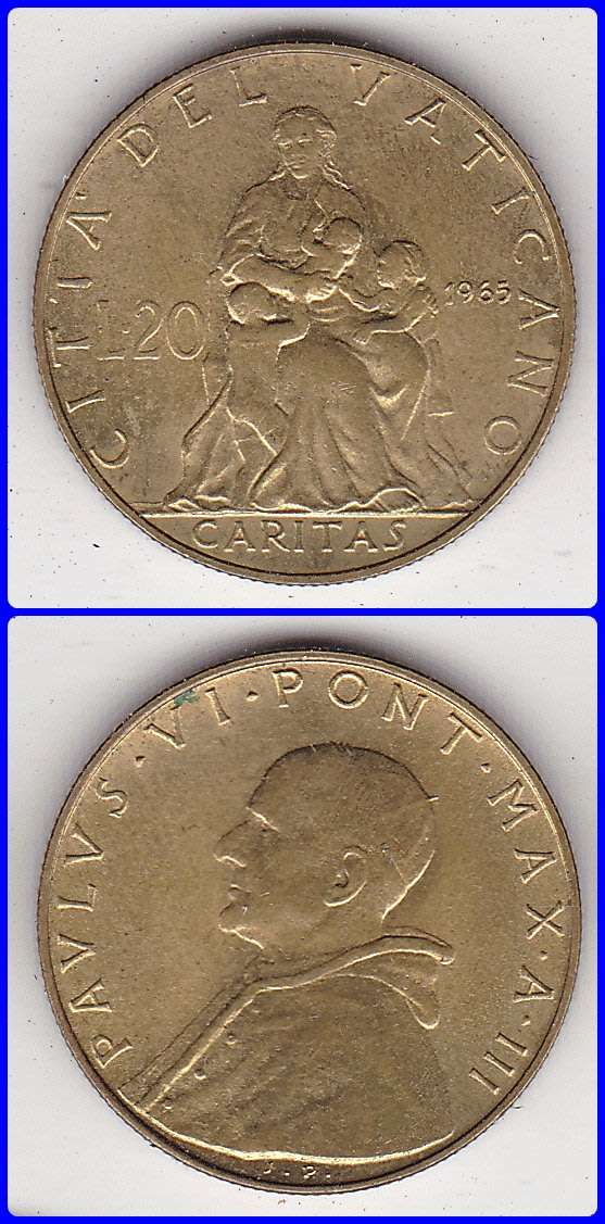 VATICAN CITY - 1965 / III - 20 LIRE - KM# 80.2