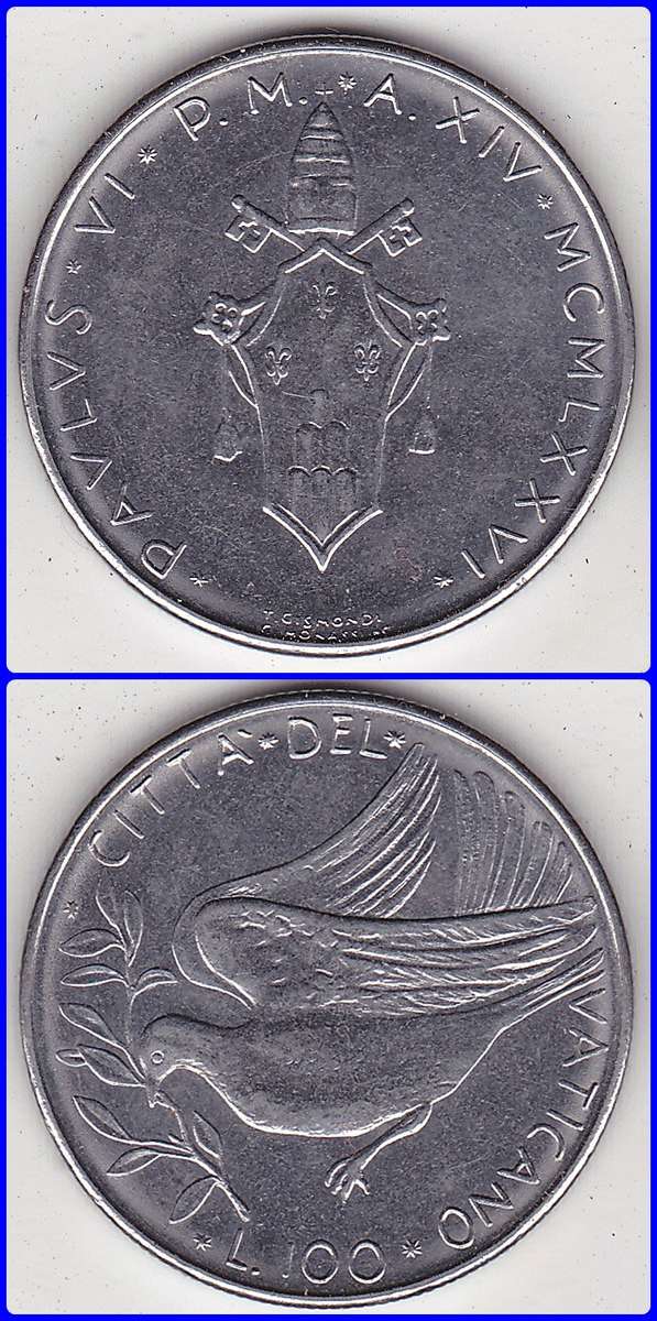 VATICAN CITY - 1976 / XIV - 100 LIRE - KM# 122