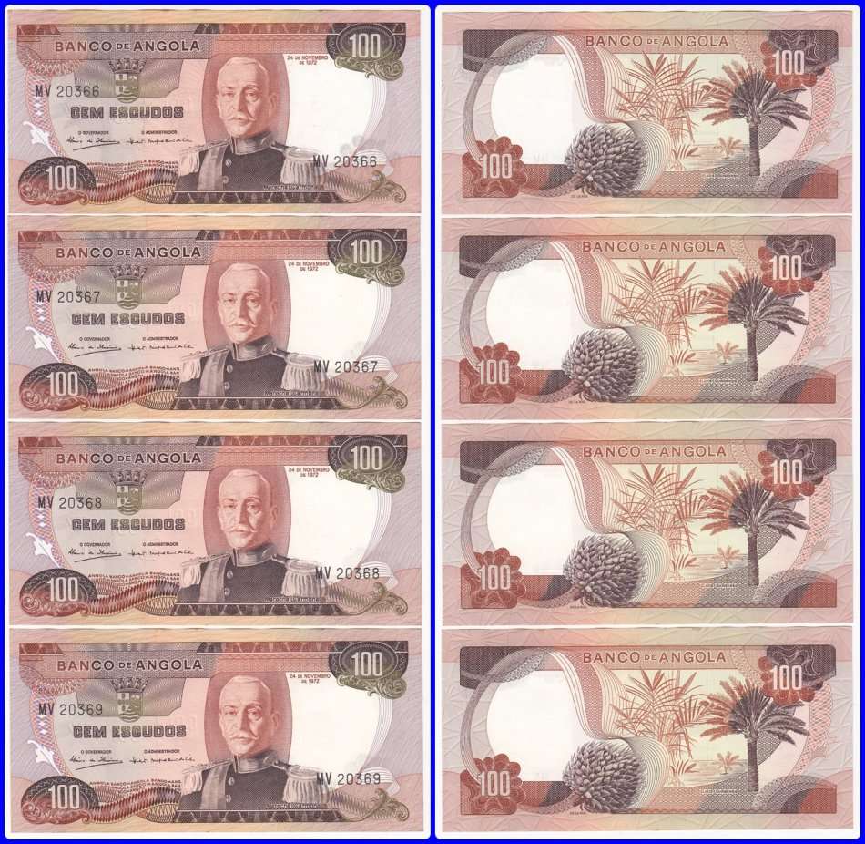 ANGOLA - 1972 - 100 ESCUDOS - 4 CONSECUTIVE XF/UNC NOTES