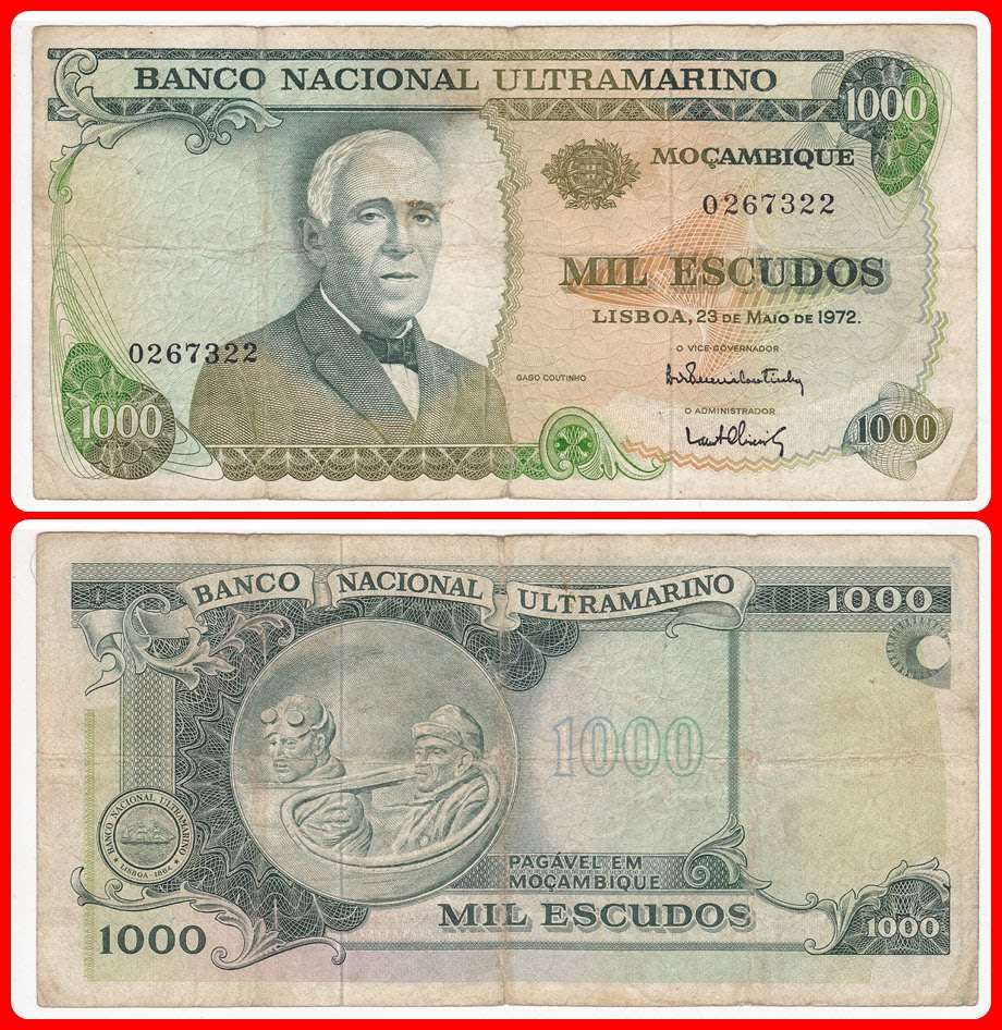 MOZAMBIQUE - 1972 - 1000 ESCUDOS - PIC# 115 - VG/F NOTE - SER# 0267322