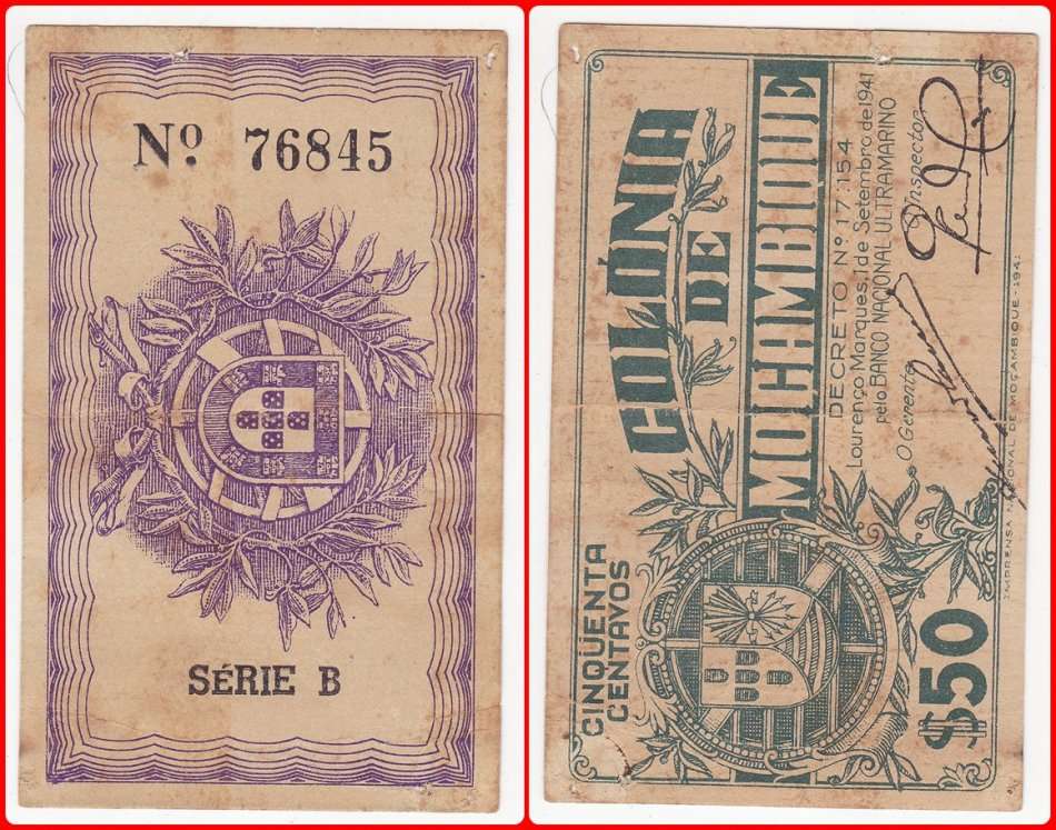 MOZAMBIQUE - 1941 EMERGENCY - 50 CENTAVOS - SERIE B - PIC# 80 - VG NOTE - SER# 76845