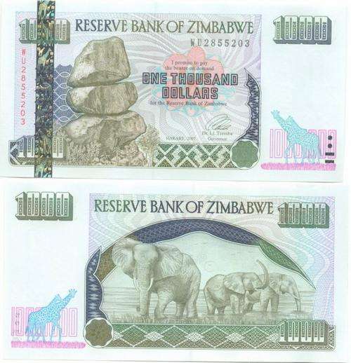 ZIMBABWE '03 1000 DOLLAR NOTES UNC No's WU2855213-WU2855300