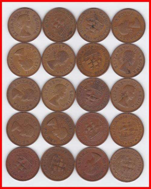 *** UNION - 1958 - HALF PENNY COINS X 20 IN 1 LOT *** CV aprox R50+