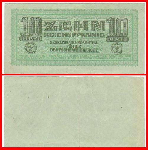GERMAN ARMED FORCES - AUX. PAMENT CERT. - ND(1942) - 10 REICHSPFENNIG - PIC# M34 - VF/XF NOTE