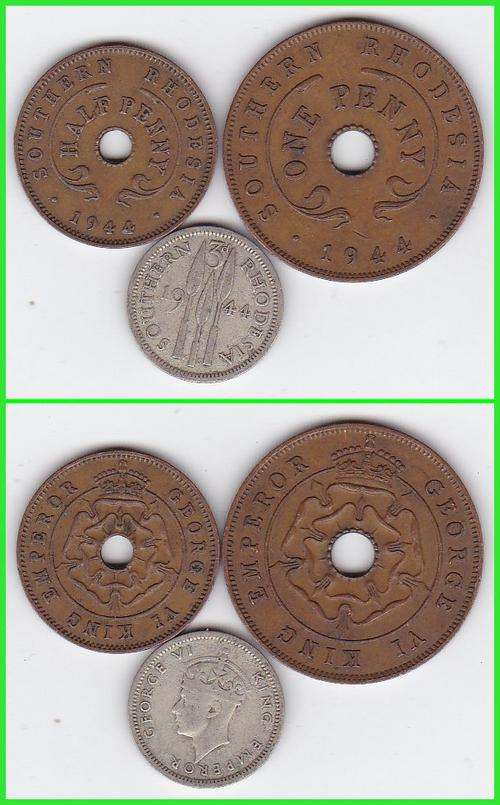 SOUTHERN RHODESIA - 1944 - 1/2d to 3d - 3 COIN SET - C.V. +/- R60