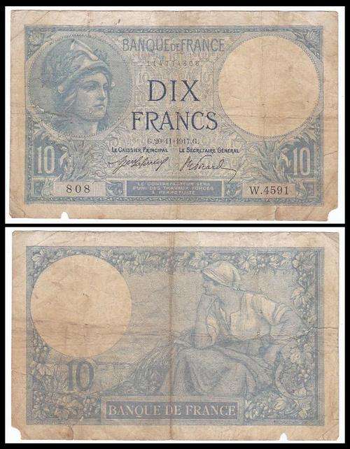 FRANCE - 1917 - 10 FRANCS - Pic#: 73a - G/VG NOTE - (s/n: W.4591..)