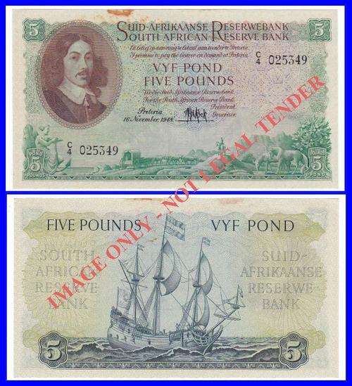 MH DE KOCK - 2ND ISSUE - 1948 - FIVE POUNDS - (C/4 025349) - AU/UNC NOTE - RUST MARKS