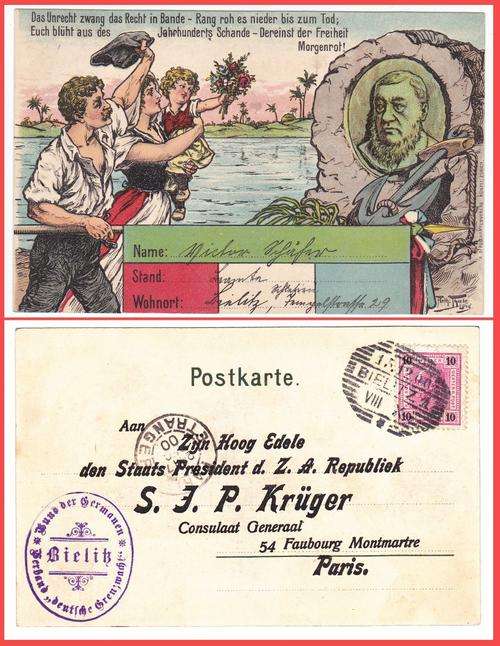 French sympathy postcard addresed  PAUL KRUGER on 15.12.1900