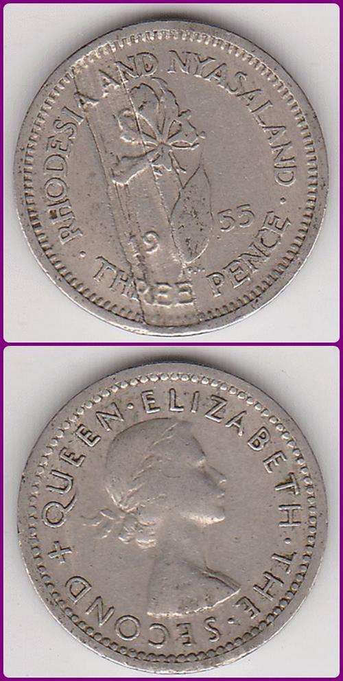 RHODESIA & NYASALAND - 1955 - 3d - TICKEY - VF COIN - ERROR PLANCHET