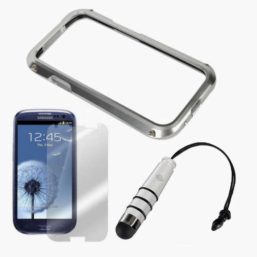 Samsung Galaxy S3 Silver Aluminium metal bumper case + FREE screen protector and stylus