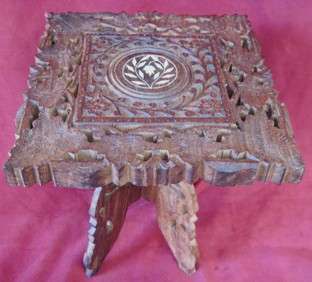 Old Carved and inlaid Kashmiri Display Table 260mm high top 225x225mm