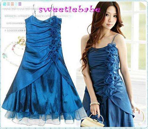 S08 FASHION RUFFLE FLOWER COCKTAIL DRESSES BLUE M