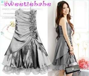 S08 FASHION RUFFLE FLOWER COCKTAIL PARTY DRESS SLIVER S