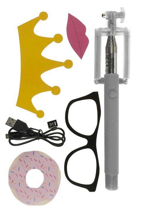 Trendz Universal Portable Extendable Bluetooth Glitter Selfie Stick Set with Props - Silver