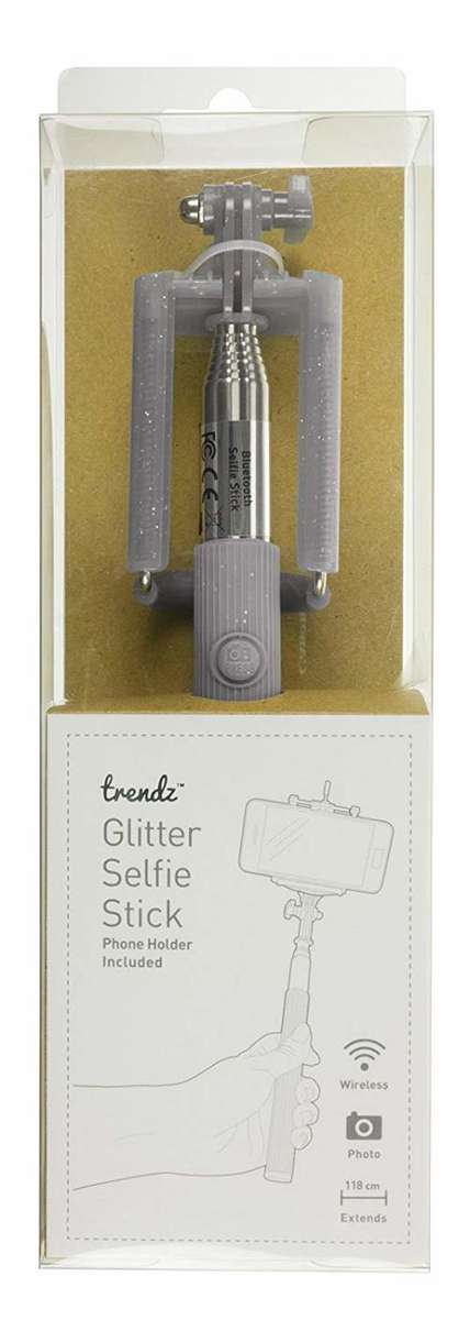 Trendz Universal Portable Extendable Bluetooth Glitter Selfie Stick Set with Props - Silver