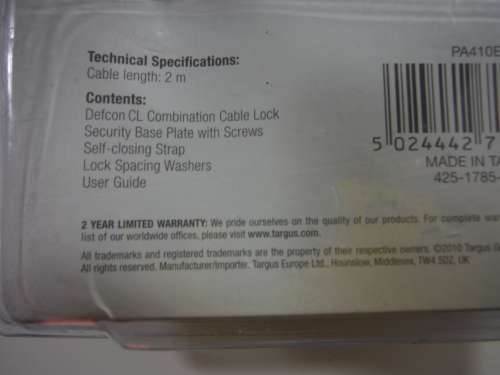 Targus : Defcon CL - Combination Cable Lock for Laptops
