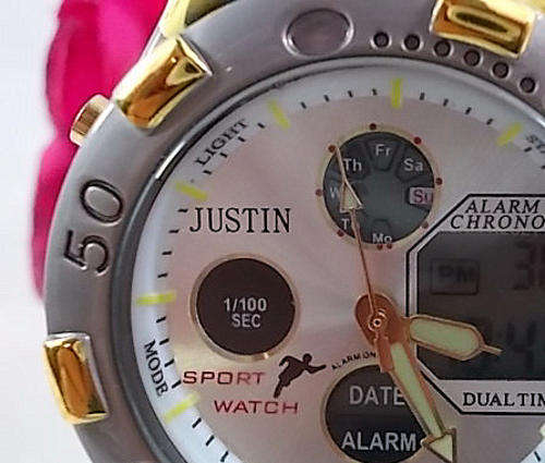 -GENTS DAY AND DATE DUAL TIME CHRONOGRAPH  METAL SPORT WATCH-TWO TONE-** CHRONOGRAPH **