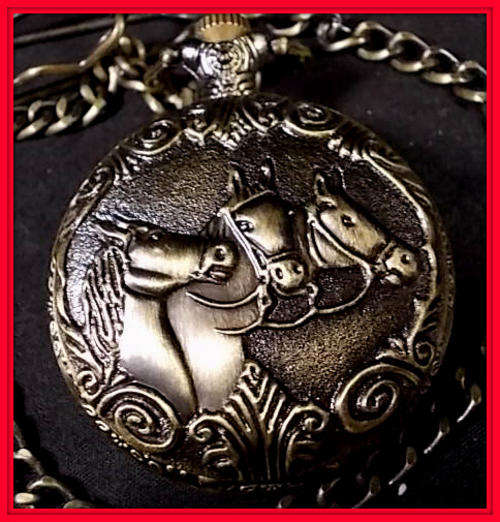 ***3 HORSES  *** CHAIN ALLOY BRONZE  POCKET WATCH