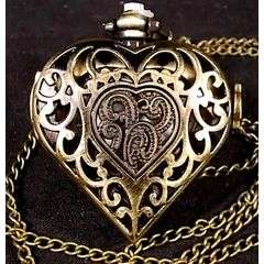 ****** Bronze Tone Necklace Chain Heart Quartz Pocket Watch