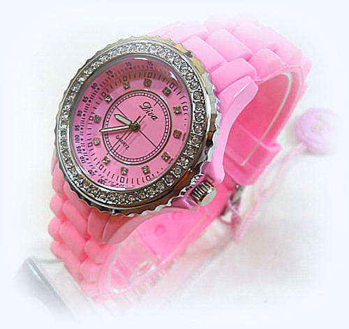 **** R1399.00***DIAMANTE ENRICHED BEZEL**HIGH FASHION PINK  SILICONE STRAP  WATCH****