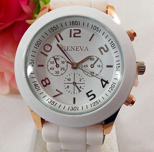 - LADIES ~NEW GENEVA~WHITE & ROSEGOLD QUARTZ WATCH**SILICONE STRAP