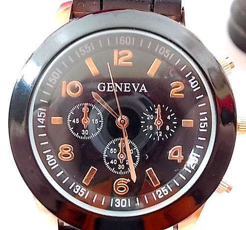 - LADIES ~NEW GENEVA~BLACK & ROSEGOLD QUARTZ WATCH**SILICONE STRAP
