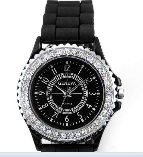 - LADIES BLACK  GENEVA QUARTZ WATCH**SILICONE STRAP
