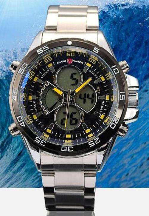 ***  SHARK Mens LCD Digital Chronograph Date Day Steel Band Quartz Sport Army Watch