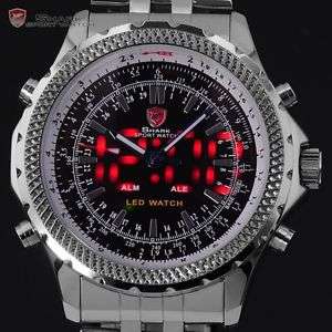 ***GOBLIN  SHARK SERIES~Mens LCD Digital Chronograph Date Day Steel Band Quartz Sport Army Watch