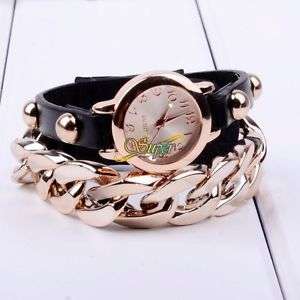 **- LADIES ~New Women punk plating gold  Black leather acrylic chain Watch