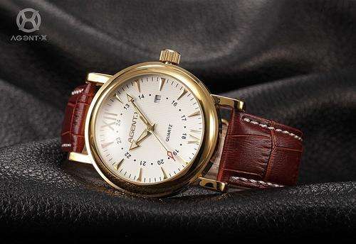 *** AGENTX-Mens-Fashion-Golden-Case-White-Dial-Date-Leather-Sport Watch
