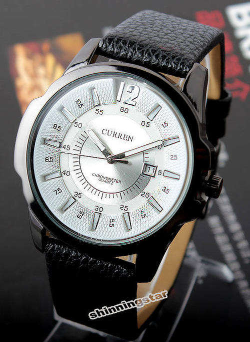 ***Luxury Curren Mens Leather Silver Quartz Calendar Analog Dial Wrist Watch B92U