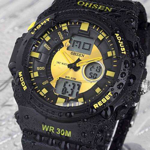 ***OHSEN ** Stylish Yellow Mens OHSEN LCD Analog Date Day Rubber Outdoor Sport Watch Cool