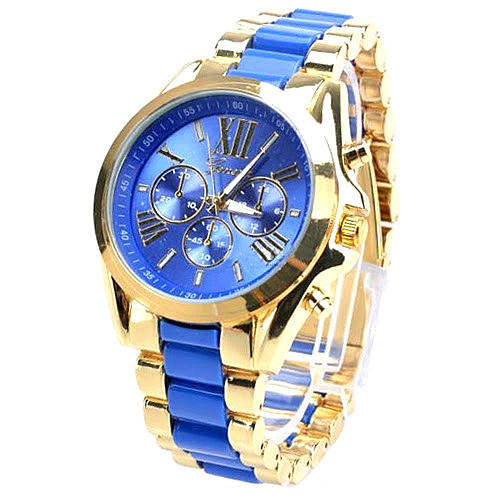 --********LADIES/MEN  GENEVA DARING BLUE/GOLD  DESIGNER STYLE  STAINLESS STEEL QUARTZ WATCH**