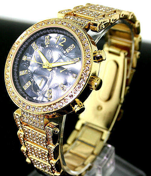 *** RI0S LONDON EXQUISITE  Czech DIAMANTE LADIES BLACK PREMIUM MARBLE FACE GOLD WATCH